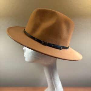 Fedora, Classic Unisex Camel Brown Adjustable Hat with Buckle Black Trim